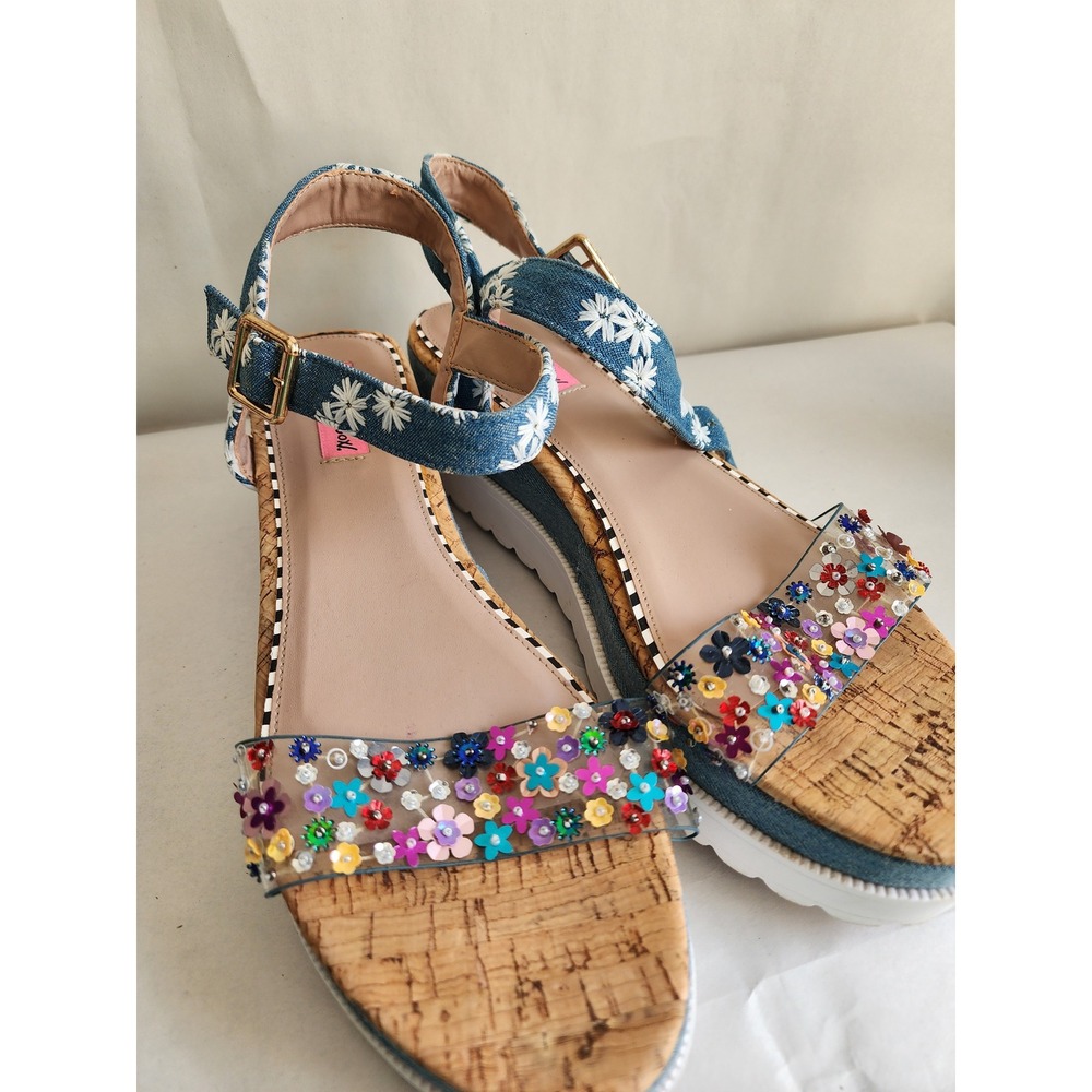 Betsey Johnson Floral Embellished Denim Cork Flatform Sandals Blue Multi